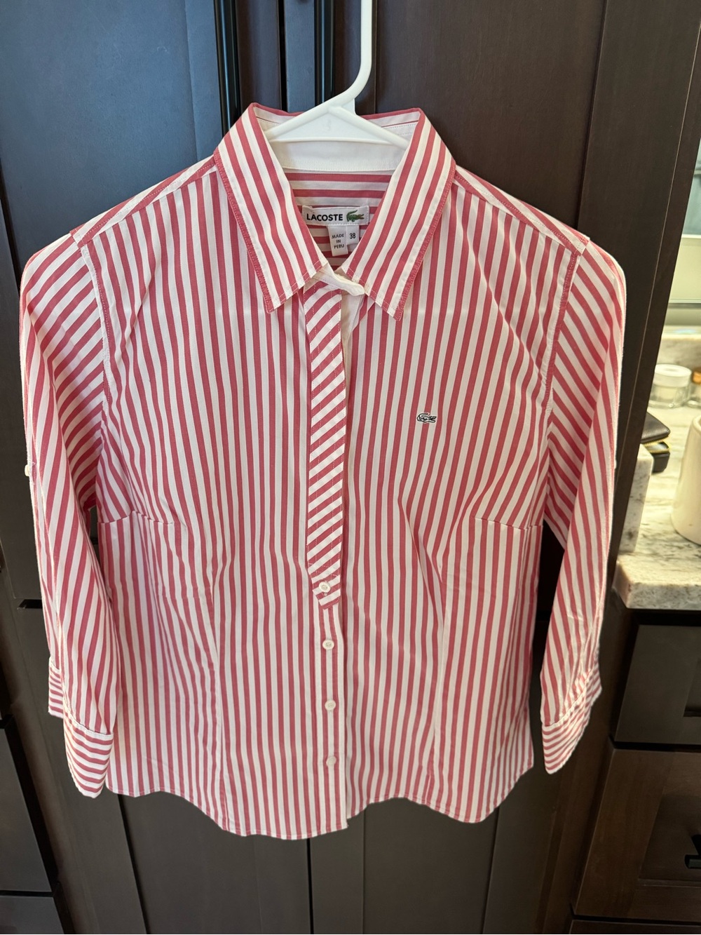 Lacoste Women's Pink & White Striped Button-Down Shirt